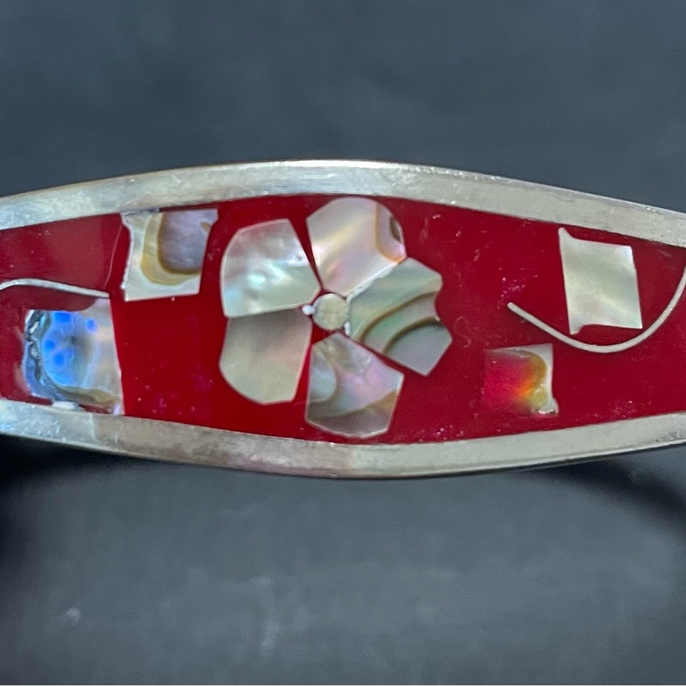 Silver and Red Floral Inlay Cloisonné Bracelet